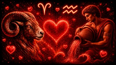 Ilustração em tons de vermelho com um carneiro (símbolo de Áries) e 2 duas linhas paralelas em ziguezague (símbolo de aquário) frente a frente, com um coração ao centro, representando a combinação amorosa entre eles