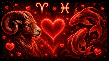 Ilustração em tons de vermelho com um carneiro (símbolo de Áries) e 2 peixes (símbolo de peixes) frente a frente, com um coração ao centro, representando a combinação amorosa entre eles