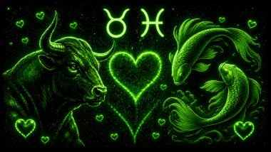 Ilustração em tons de verde com um touro (símbolo de Touro) e dois peixes (símbolo de Peixes) frente a frente, com um coração ao centro, representando a combinação amorosa entre eles