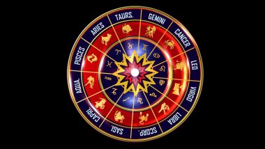 Há uma roda do Zodíaco com os símbolos dos signos ao redor.