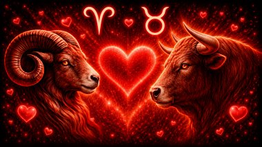 Ilustração em tons de vermelho com um carneiro (símbolo de Áries) e um touro frente a frente, com um coração brilhante ao centro e símbolos de Áries e Touro acima, representando uma combinação amorosa entre Áries e Touro.