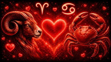 Ilustração em tons de vermelho com um carneiro (símbolo de Áries) e um caranguejo (símbolo de câncer), frente a frente, com um coração ao centro, representando uma combinação amorosa entre eles