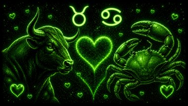Ilustração em tons de verde com um touro (símbolo de Touro) e um caranguejo (símbolo de Câncer) frente a frente, com um coração ao centro, representando a combinação amorosa entre eles
