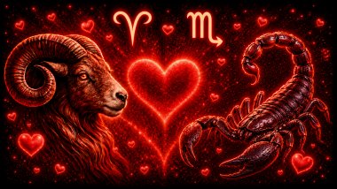 Ilustração em tons de vermelho com um carneiro (símbolo de Áries) e um escorpião (símbolo de escorpião) frente a frente, com um coração ao centro, representando a combinação amorosa entre eles