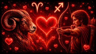 Ilustração em tons de vermelho com um carneiro (símbolo de Áries) e uma flecha (símbolo de sagitário) frente a frente, com um coração ao centro representando a combinação amorosa entre eles
