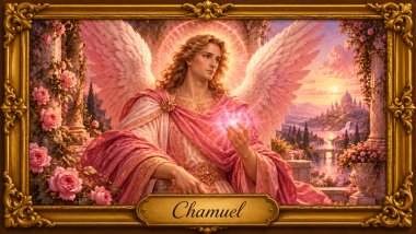 Arcanjo Chamuel com asas rosadas, túnica rosa e marfim, irradiando um coração luminoso em um cenário celestial ao pôr do sol.