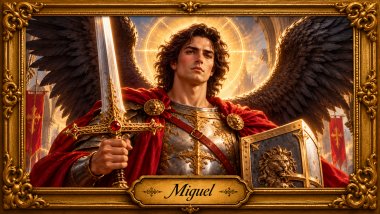 Arcanjo Miguel com armadura dourada, capa vermelha, asas negras e espada, segurando um escudo com símbolo de leão em uma moldura barroca dourada.