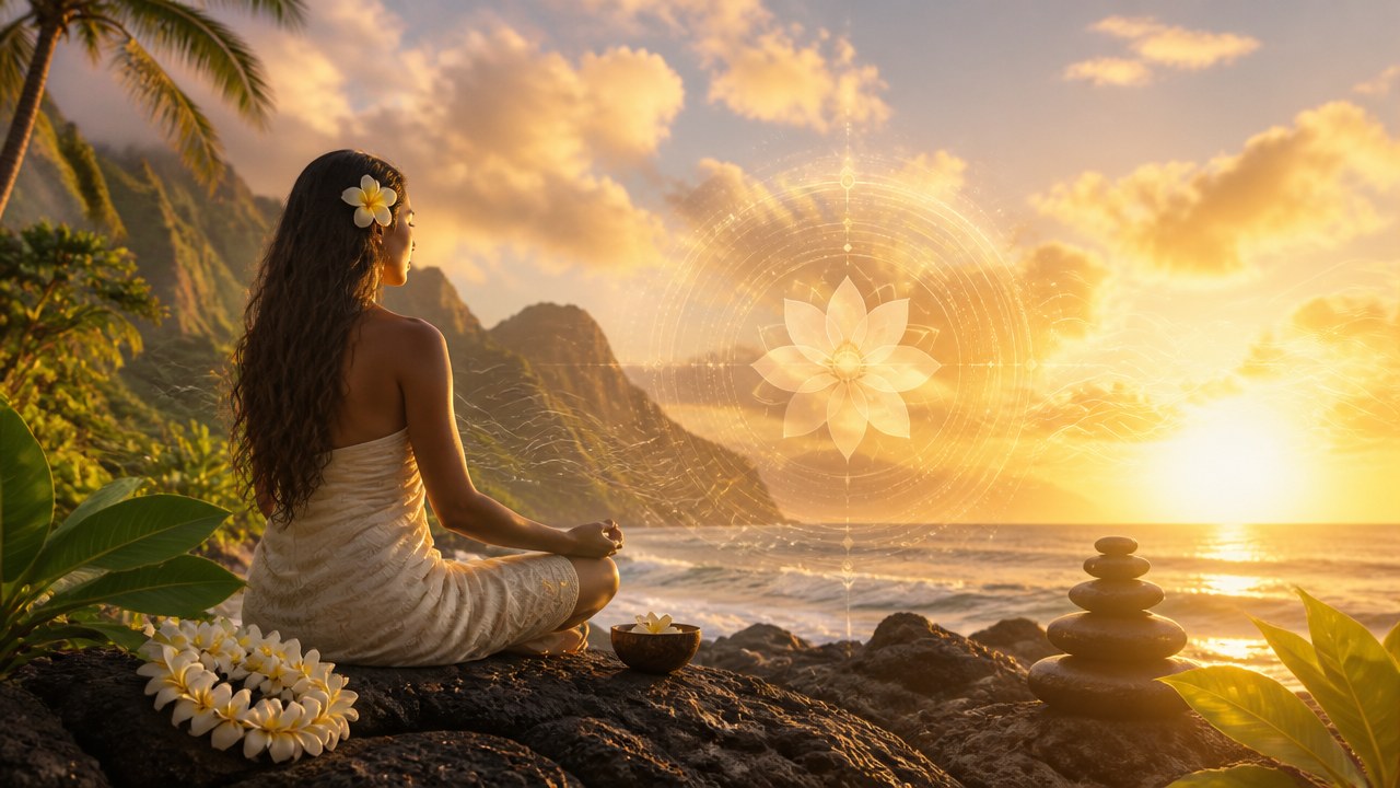 Mulher sentada em posição de meditação na praia ao pôr do sol com colar de flores e montinho de pedras