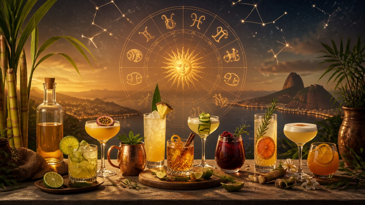 Sete drinks variados com cachaça em mesa com fundo do Pão de Açúcar e constelações do zodíaco ao entardecer