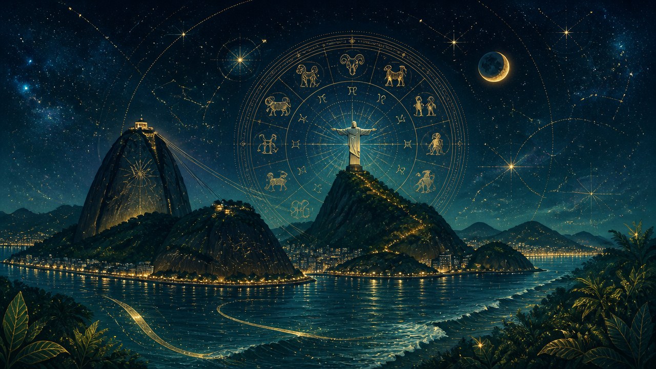 Arte editorial mística sobre O ponto turístico do Rio de Janeiro que combina com cada signo