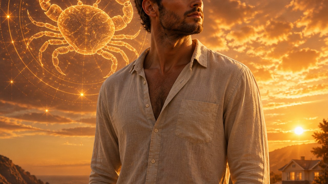 Homem com camisa clara olhando para o lado, com céu ao pôr do sol e símbolo de câncer brilhante ao fundo