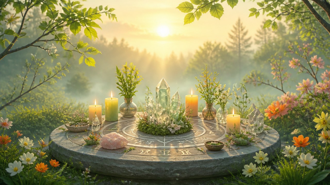 Arte editorial mística sobre Rituais e simpatias de primavera