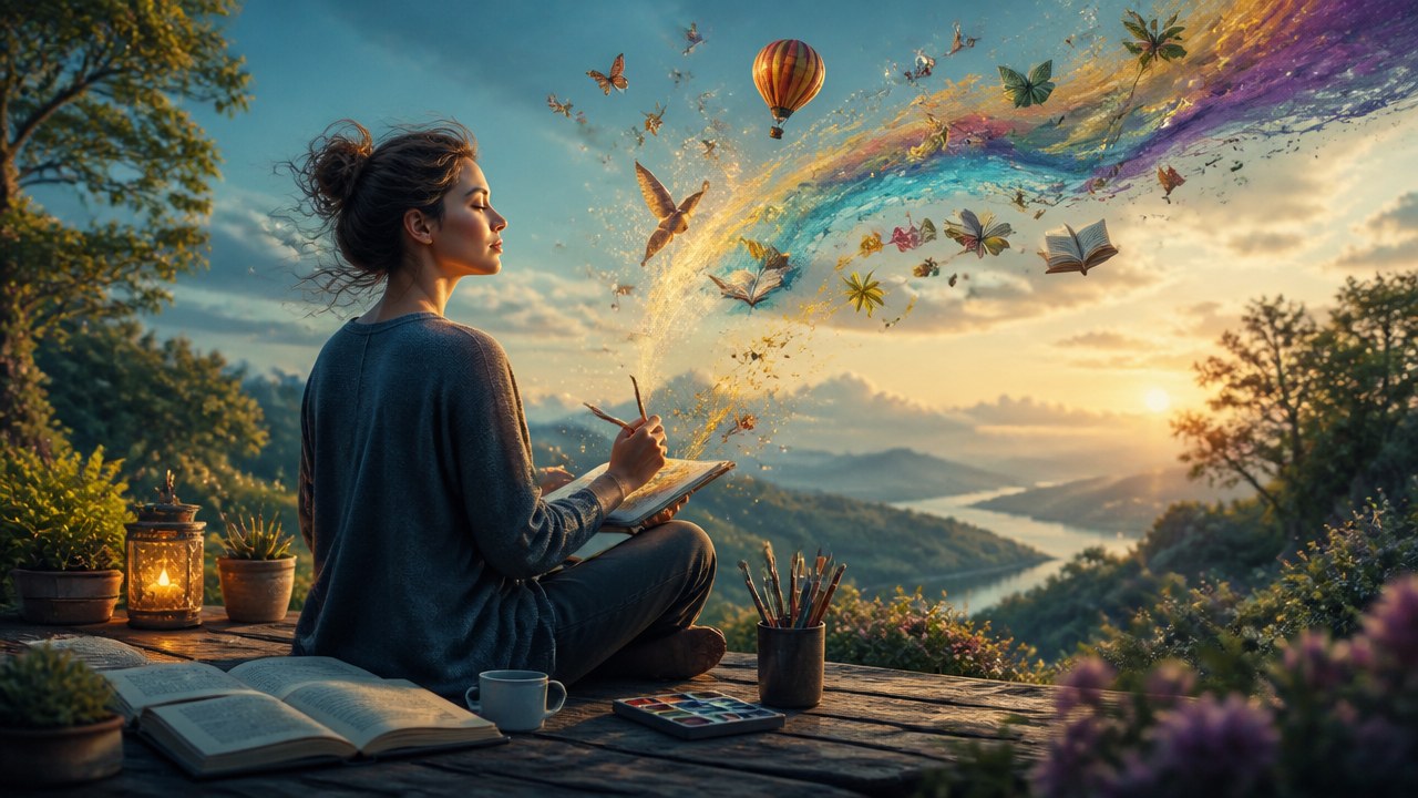 Mulher sentada escrevendo em caderno com livros, canecas e pincéis, com elementos criativos flutuando ao pôr do sol
