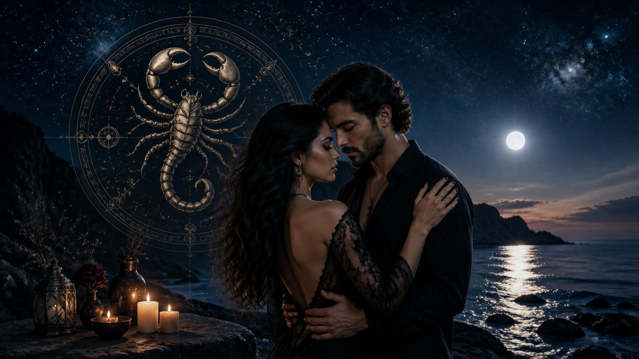 Casal abraçado à beira-mar à noite com lua cheia e símbolo do signo de escorpião ao fundo