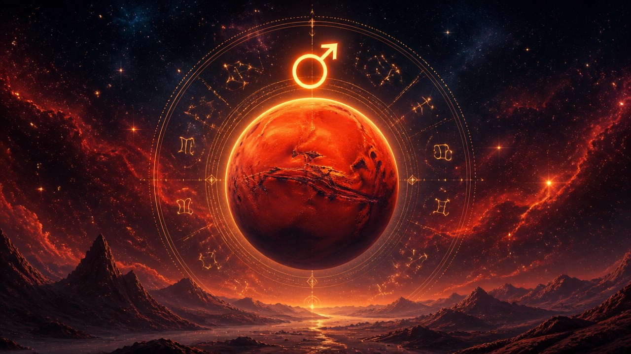Arte editorial mística sobre Marte no Mapa Astral: significado, desejo e ação