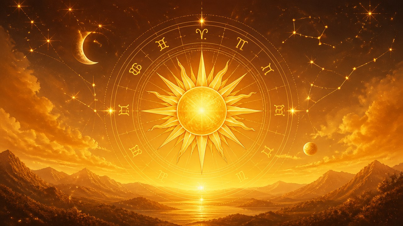 Arte editorial mística sobre Sol no Mapa Astral: significado, influência e o que ele revela sobre você