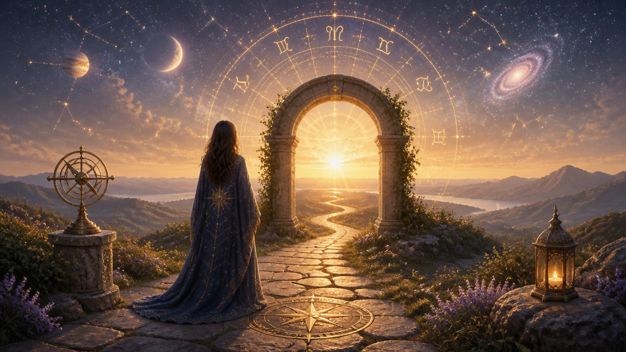 Pessoa de costas olhando para portal iluminado com símbolos astrológicos e céu estrelado ao entardecer
