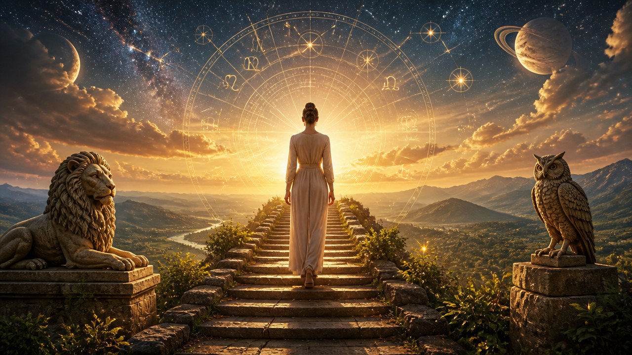 Pessoa de costas subindo escadaria entre estátuas de leão e coruja sob céu estrelado com signos do zodíaco e planeta