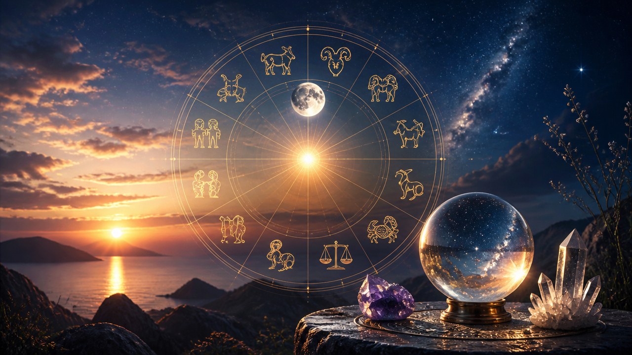 Céu ao entardecer com signos do zodíaco em círculo, lua no centro, cristal e bola de cristal em pedra à direita