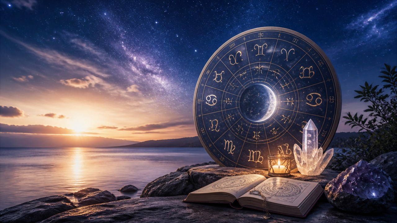 Roda zodiacal iluminada com símbolos dos signos, ao lado de cristal, livro aberto e vela, com céu estrelado ao fundo