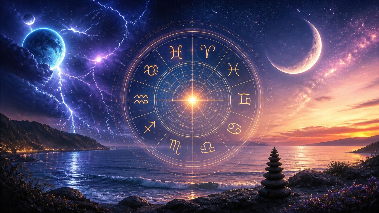 Céu noturno com planetas, lua crescente, constelações e círculo com símbolos dos signos do zodíaco sobre o mar ao pôr do sol