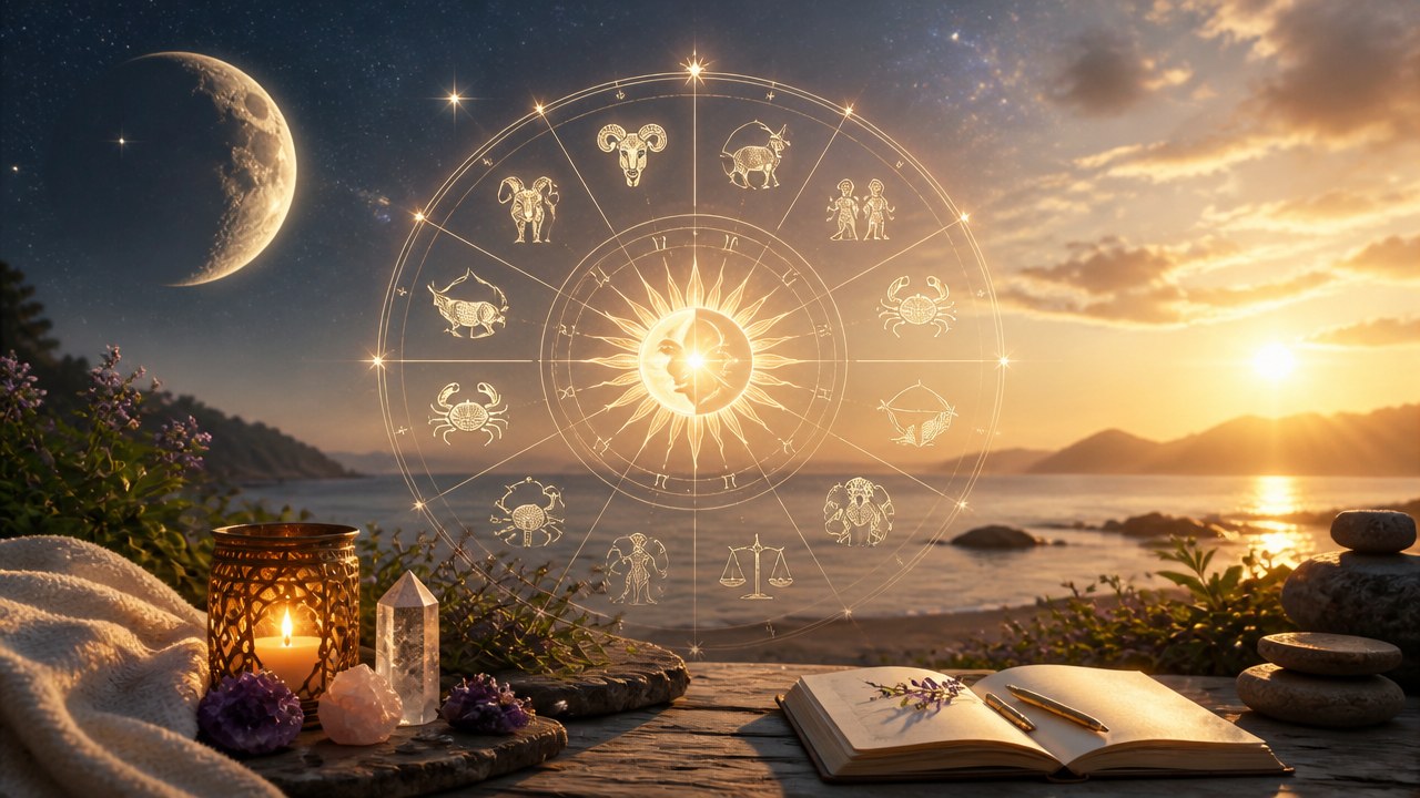 Roda zodiacal iluminada entre o pôr do sol e a lua crescente sobre um cenário natural com vela, cristais e livro aberto