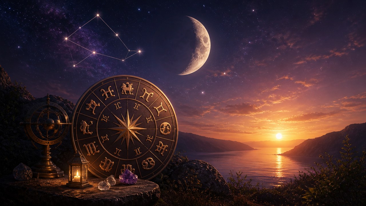 Roda zodiacal iluminada ao entardecer com constelação, lua crescente e sol se pondo sobre lago entre montanhas