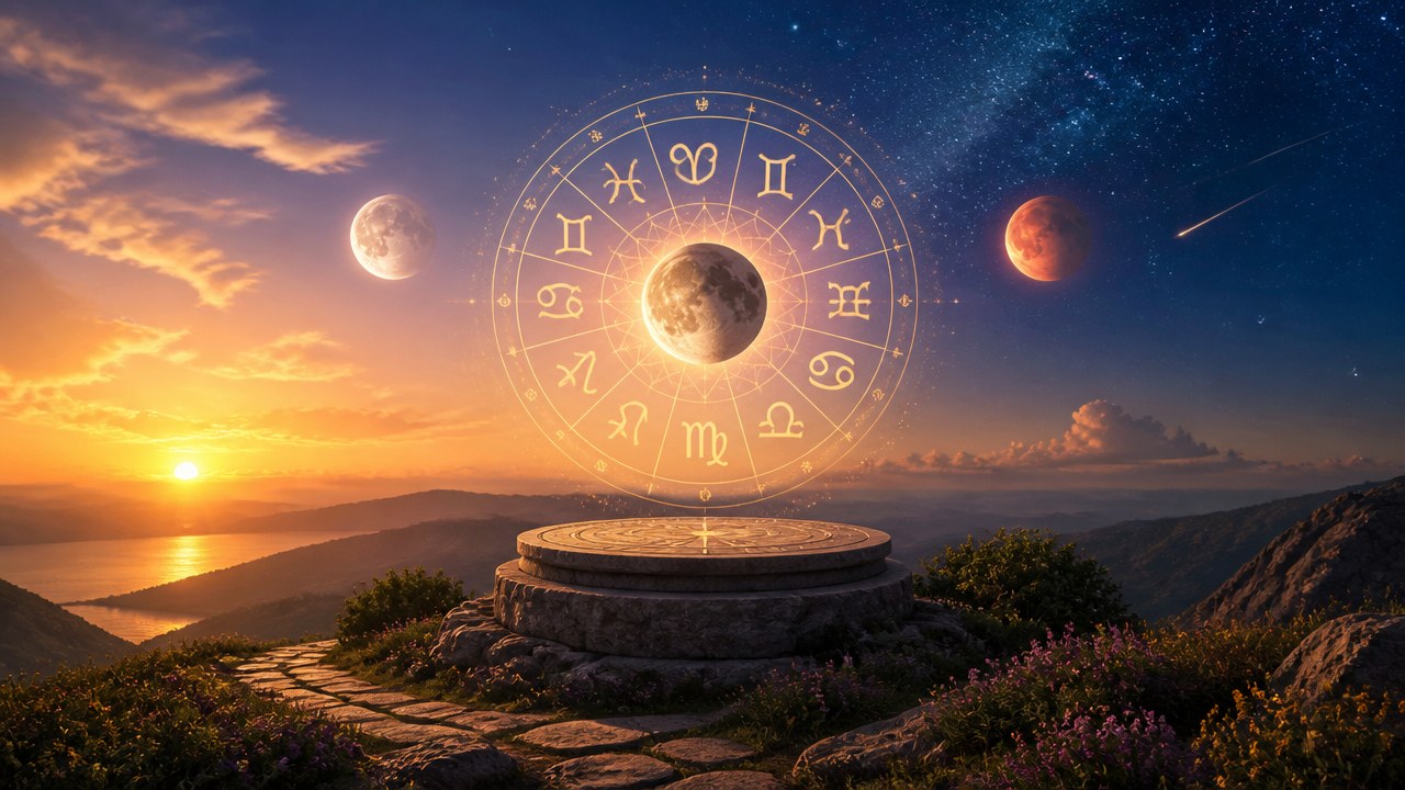 Roda dos signos zodiacais brilhando no céu entre planetas e estrelas sobre paisagem montanhosa ao pôr do sol
