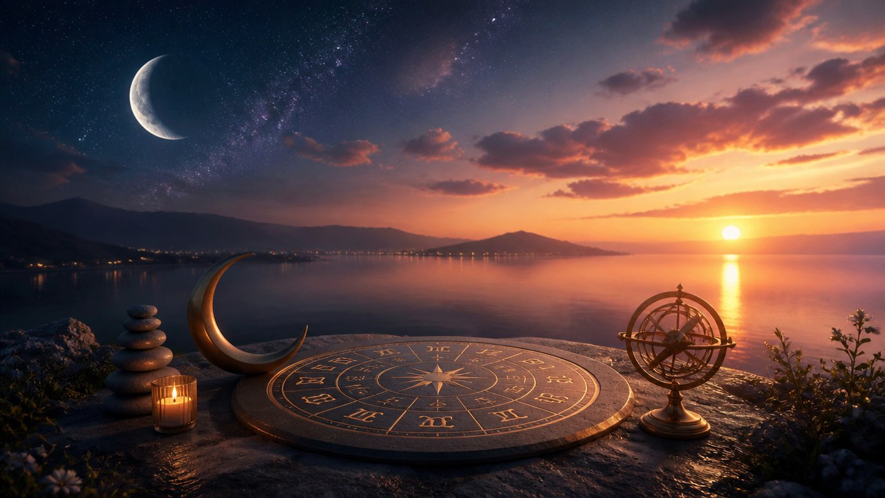 Paisagem com pôr do sol, céu estrelado, lua crescente, círculo zodiacal e objetos de meditação à beira de um lago