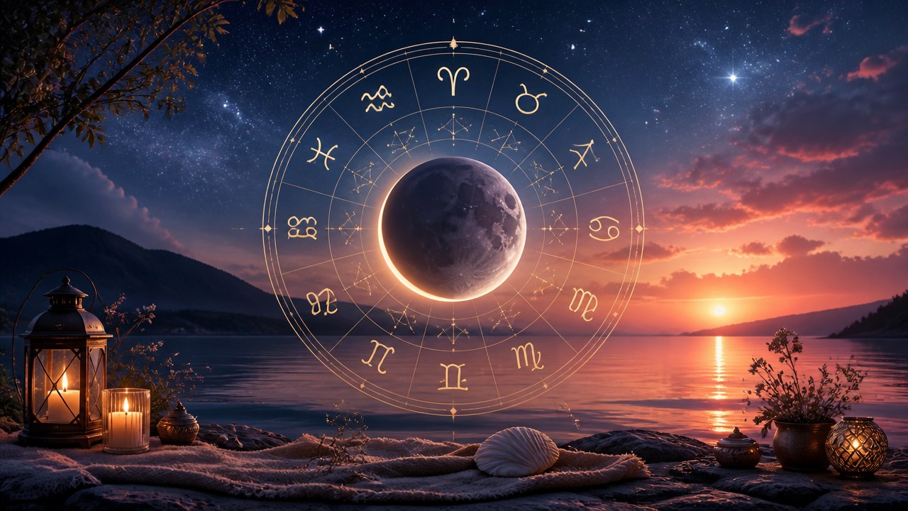 Círculo com signos do zodíaco ao redor da lua em paisagem ao pôr do sol com lago e velas