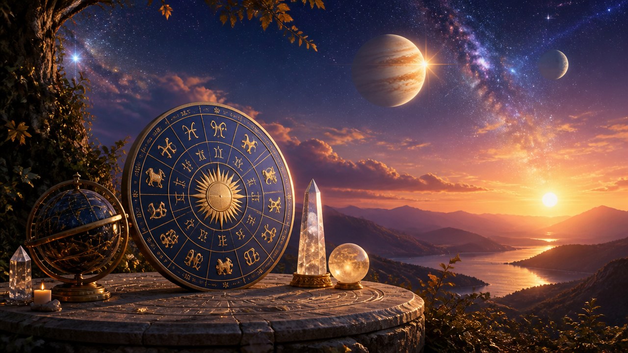 Mesa com símbolos do zodíaco, cristais e planetas ao pôr do sol sobre paisagem montanhosa e rio