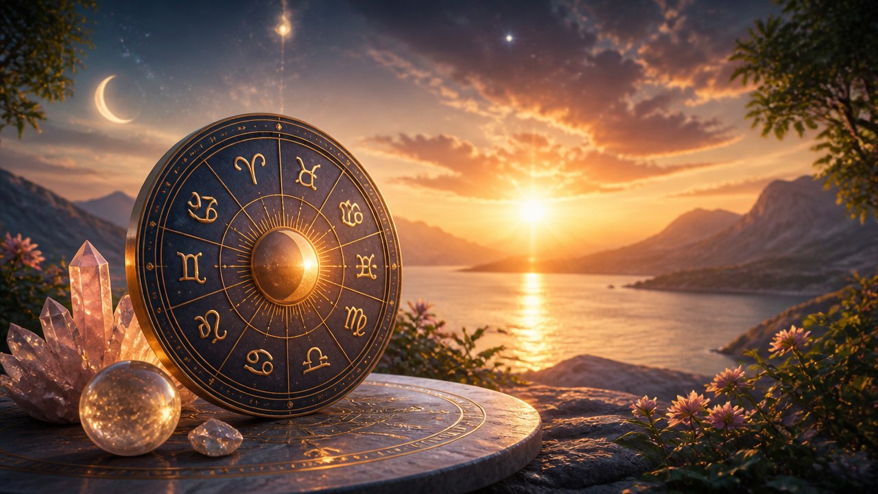 Disco zodiacal dourado com signos astrológicos ao pôr do sol sobre lago e montanhas