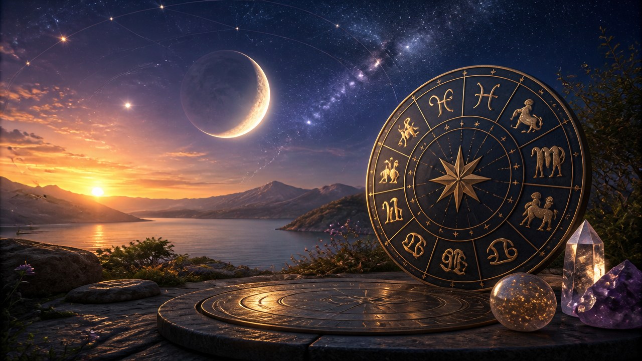 Círculo com símbolos dos signos do zodíaco em paisagem ao pôr do sol com lua crescente e cristais