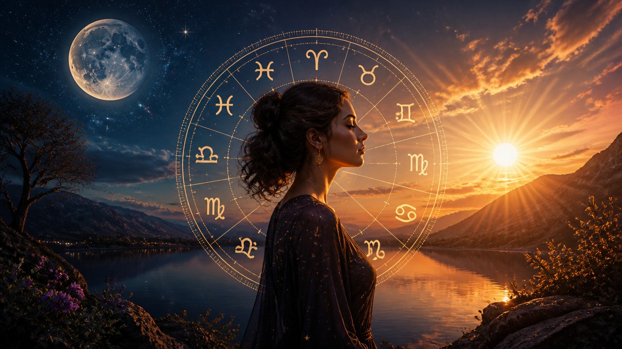 Mulher de perfil com cabelo preso diante de lago, céu com sol e lua, e círculo com símbolos do zodíaco ao fundo