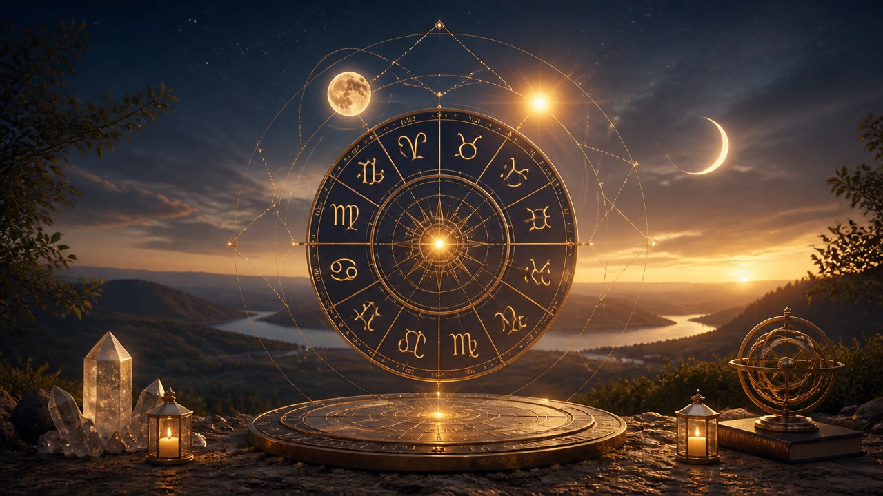 Roda zodiacal com símbolos dos signos, lua cheia, lua crescente e elementos místicos ao pôr do sol