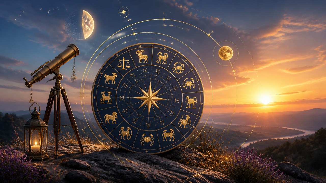 Roda dos signos do zodíaco com símbolos dourados ao pôr do sol, telescópio e lanterna sobre pedras