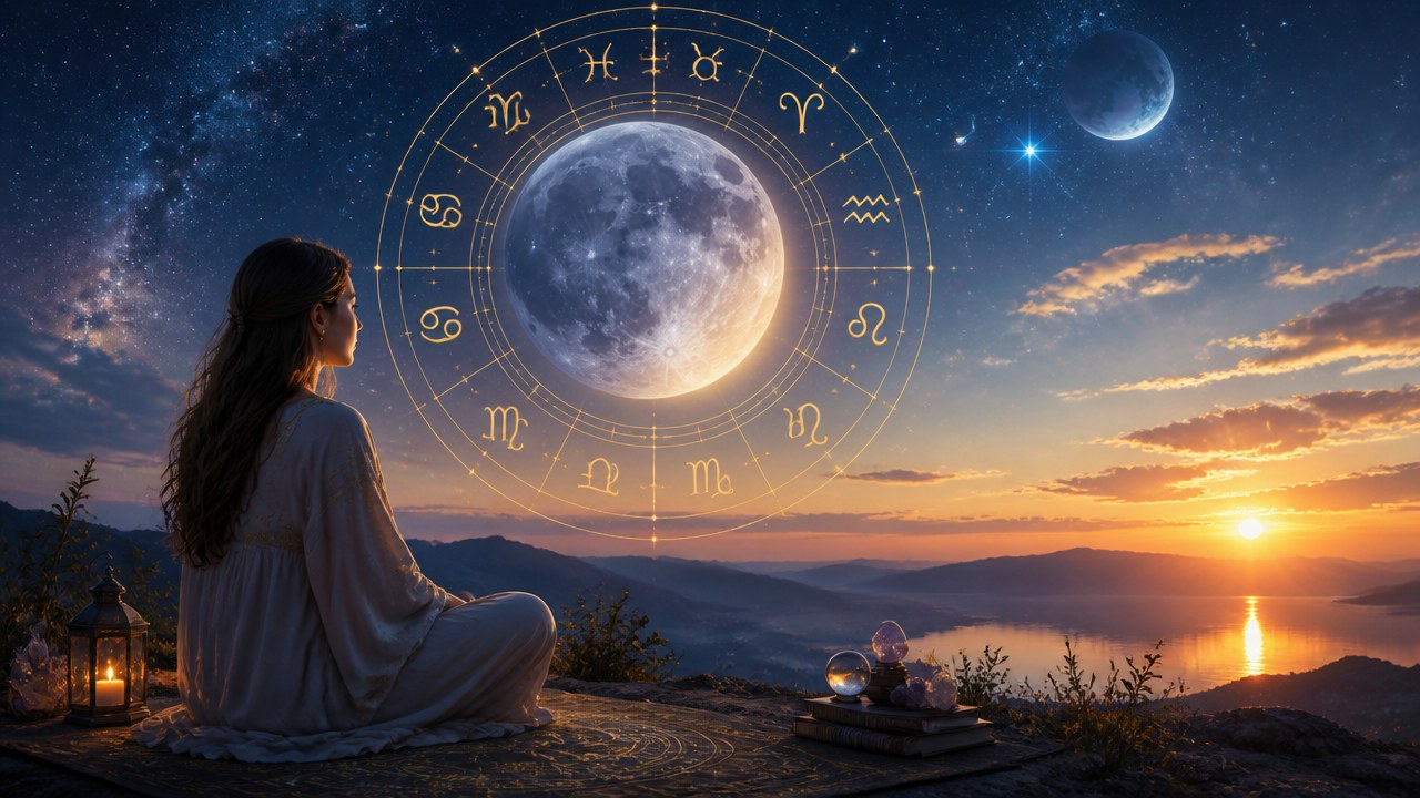 Mulher sentada em montanha ao pôr do sol com signos do zodíaco e lua ao fundo