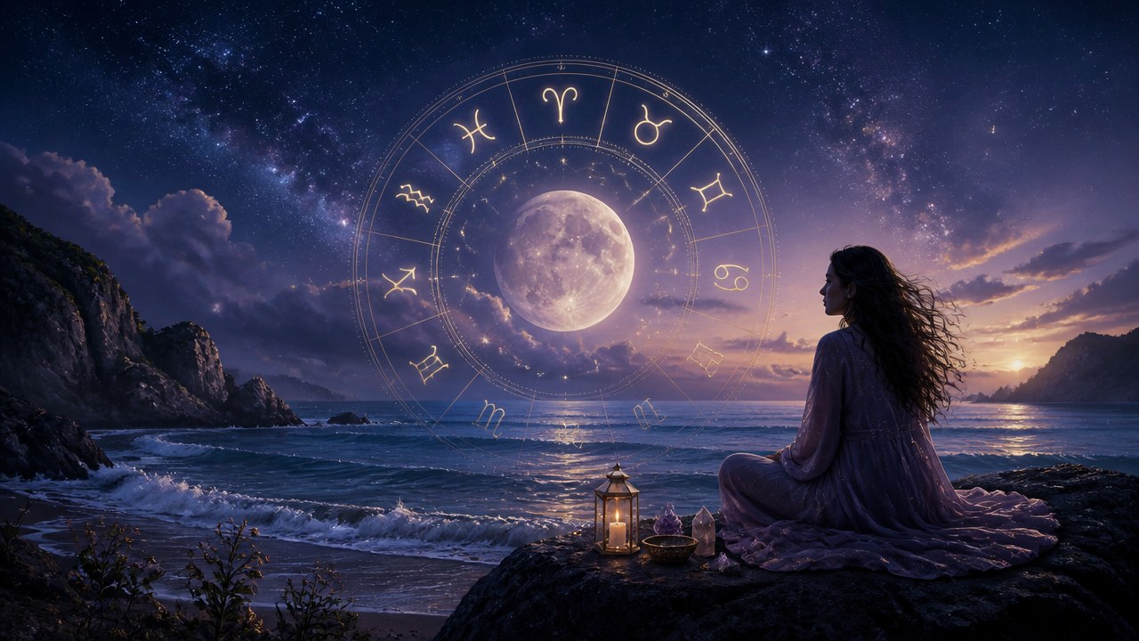Mulher sentada na praia à noite com signos do zodíaco ao redor da lua cheia
