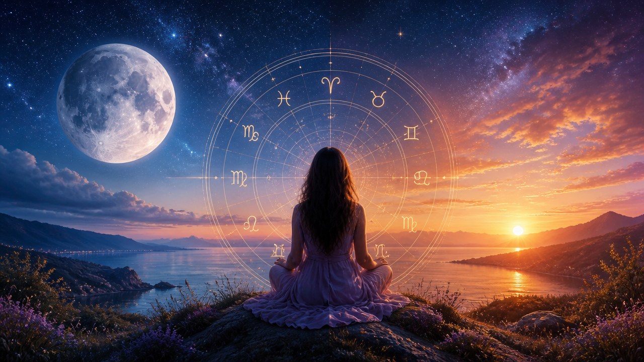 Mulher sentada de costas meditando ao pôr do sol com signos do zodíaco e lua cheia no céu