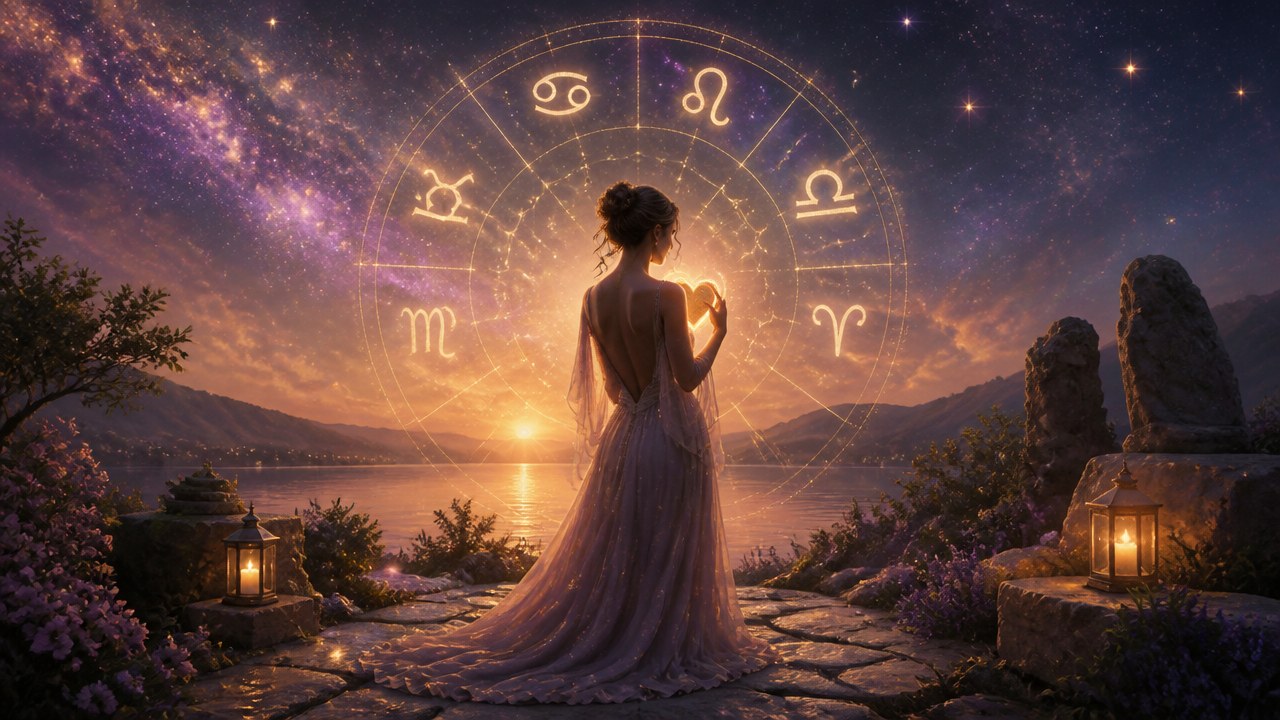 Mulher de vestido longo olhando para o pôr do sol com símbolos do zodíaco ao fundo