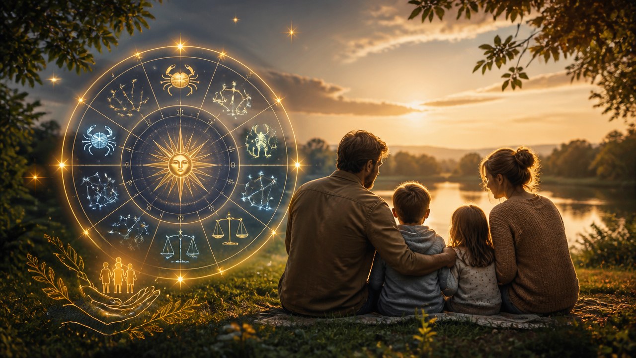 Família com dois adultos e duas crianças sentados à beira de um lago ao pôr do sol com signos do zodíaco iluminados ao lado