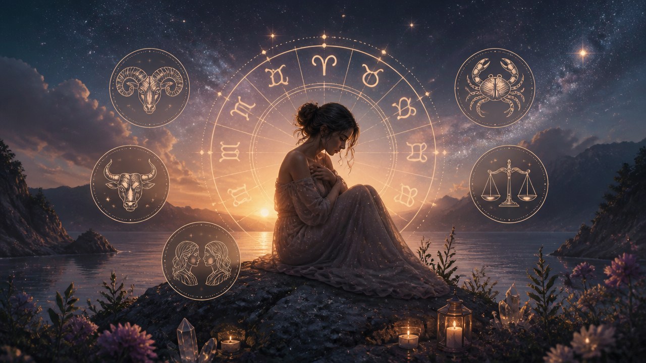 Mulher sentada em pedra com signos do zodíaco iluminados ao fundo ao pôr do sol