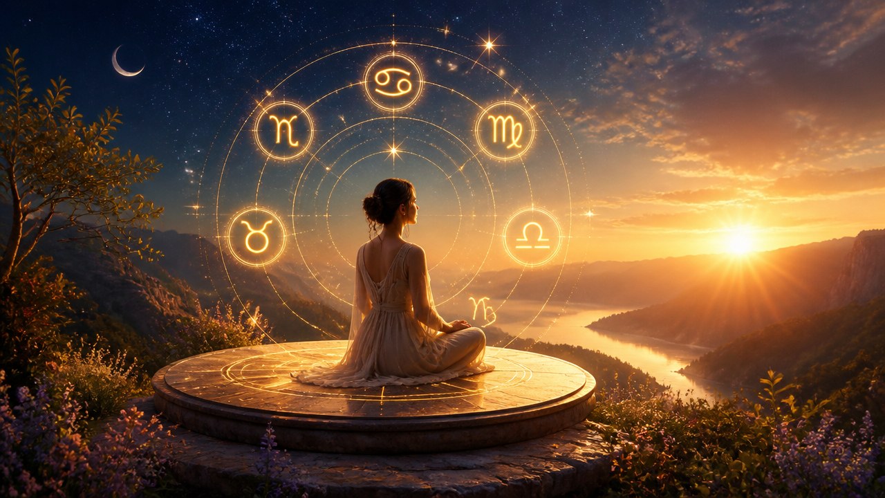 Mulher meditando ao pôr do sol com símbolos de signos zodiacais brilhando ao redor