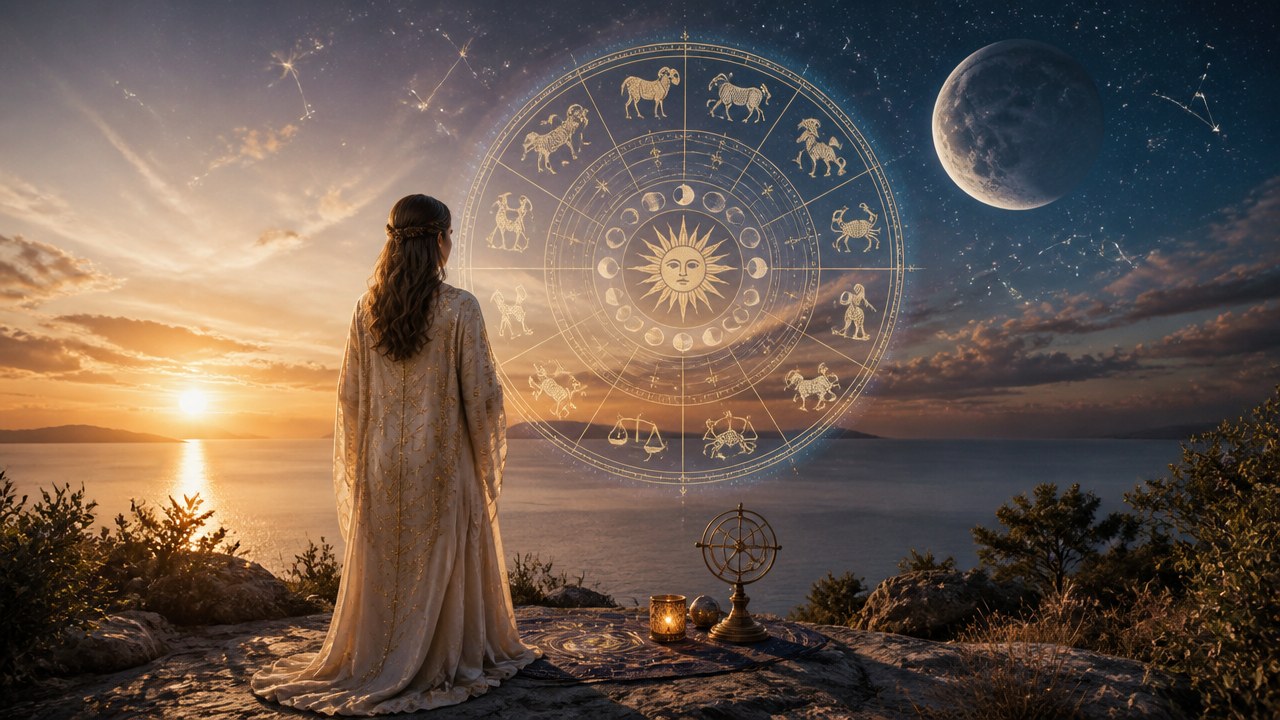 Mulher de costas observa o pôr do sol à beira-mar com zodíaco e lua ao fundo