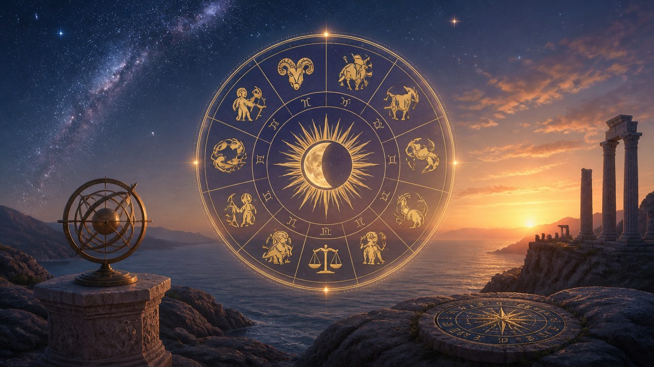 Roda zodiacal iluminada com símbolos dos signos sobre mar e céu ao pôr do sol