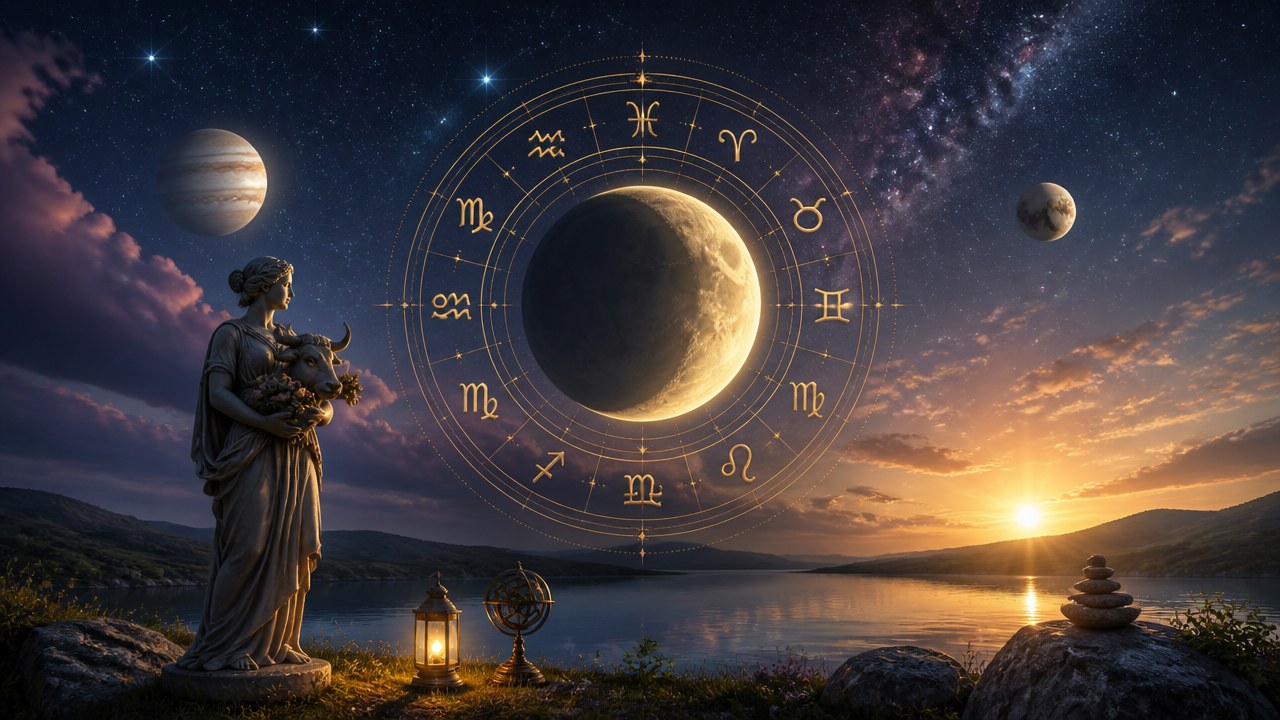 Lua crescente cercada por signos do zodíaco sobre paisagem com estátua, planetas e pôr do sol