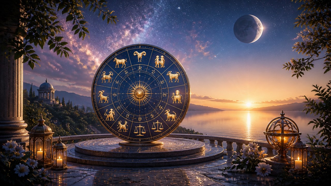 Roda do zodíaco com símbolos dos signos em cenário ao pôr do sol à beira de um lago