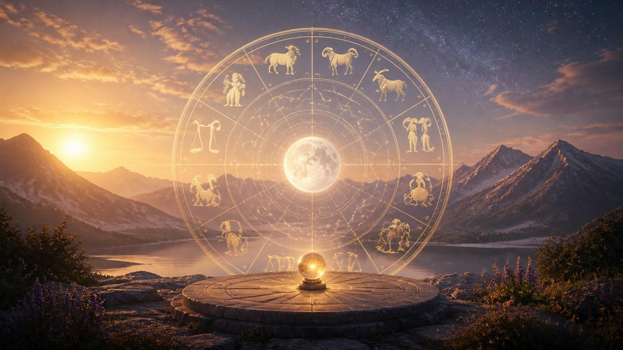 Roda do zodíaco com signos astrológicos sobre paisagem de montanhas e lago ao pôr do sol