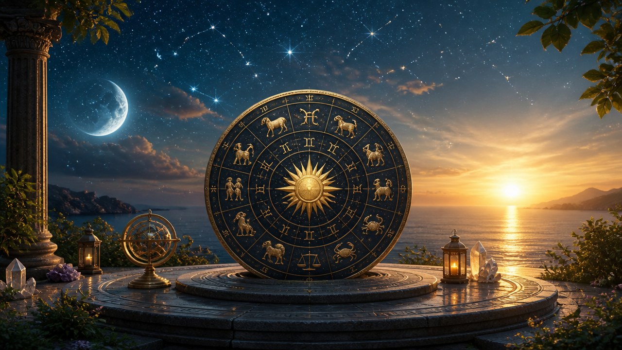 Roda do zodíaco com símbolos dos signos em cenário ao pôr do sol com céu estrelado e lua crescente