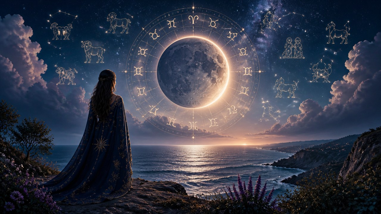 Pessoa de costas olhando para o mar ao entardecer com signos do zodíaco e lua ao centro no céu estrelado